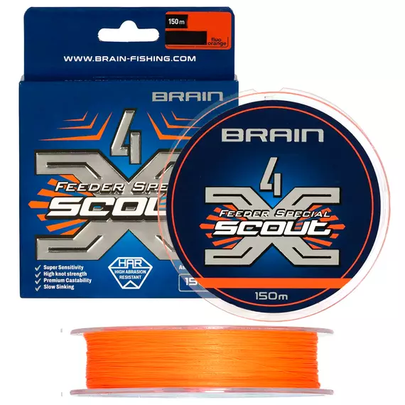 Шнур Brain Scout 4X 150m (fluoro Orange) 0.080mm 4.4kg, Диаметр: 0.08mm, Выберите цвет: fluoro Orange, фото 