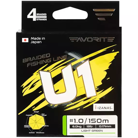 Шнур Favorite U1 PE 4x 150m (light green) #0.3/0.094mm 4lb/1.8kg, Діаметр: #0.3/0.094mm, Розмотування: 150, Колір: салатовий, фото , изображение 2