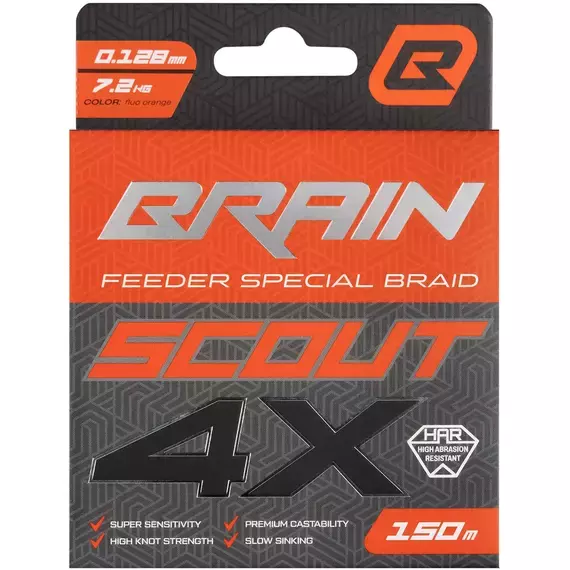 Фідерний шнур Brain Scout 4X (2026) 150m 0.128mm 7.2kg (колір: Fluoro Orange), Диаметр: 0.128mm, Размотка: 150m, Выберите цвет: fluoro Orange, фото , изображение 2