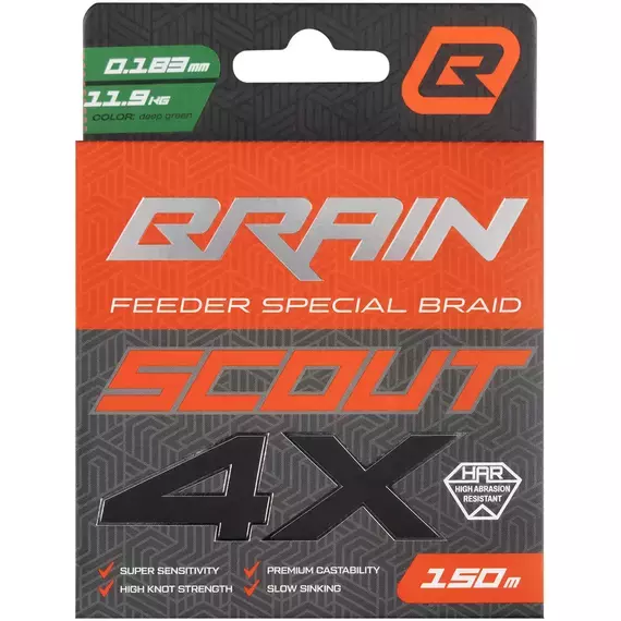 Фідерний шнур Brain Scout 4X (2026) 150m 0.183mm 11.9kg (колір: темно-зелений), Діаметр: 0.183mm, Розмотування: 150m, Колір: deep green, фото , изображение 2