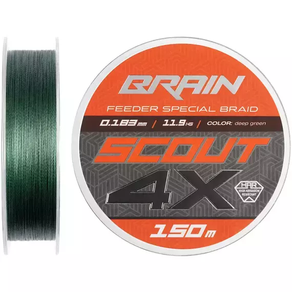 Фідерний шнур Brain Scout 4X (2026) 150m 0.183mm 11.9kg (колір: темно-зелений), Діаметр: 0.183mm, Розмотування: 150m, Колір: deep green, фото 