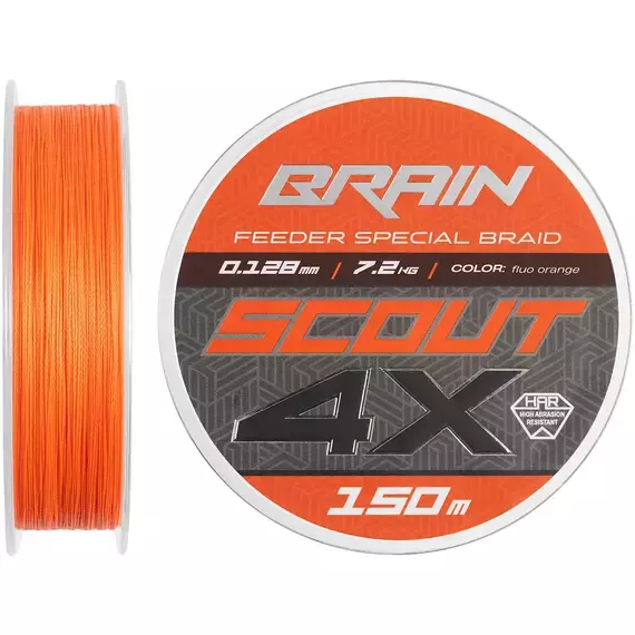 Фідерний шнур Brain Scout 4X (2026) 150m 0.128mm 7.2kg (колір: Fluoro Orange), Диаметр: 0.128mm, Размотка: 150m, Выберите цвет: fluoro Orange, фото 