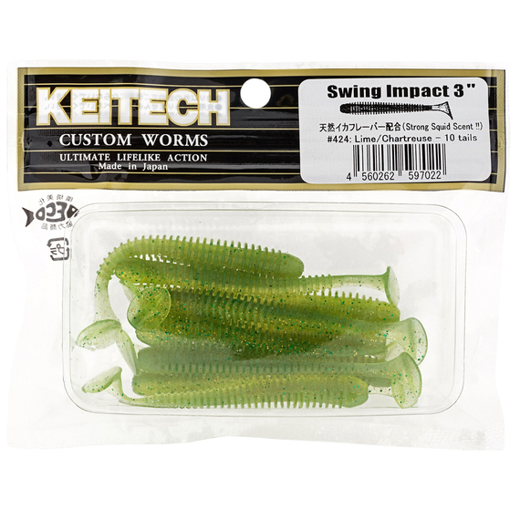 Силикон Keitech Swing Impact 2.5" (10 шт/упак), цвет:424 lime chartreuse, Длина силикона: 2.5" (6.3 см), Расцветка силикона: 424 Lime Chartreuse, фото , изображение 2