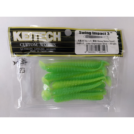 Силикон Keitech Swing Impact 3" (10 шт/упак), цвет: ea#11 limechartreuseglow, Длина силикона: 3" (7.6 см), Расцветка силикона: EA#11 Lime Chartreuse Glow, фото , изображение 2
