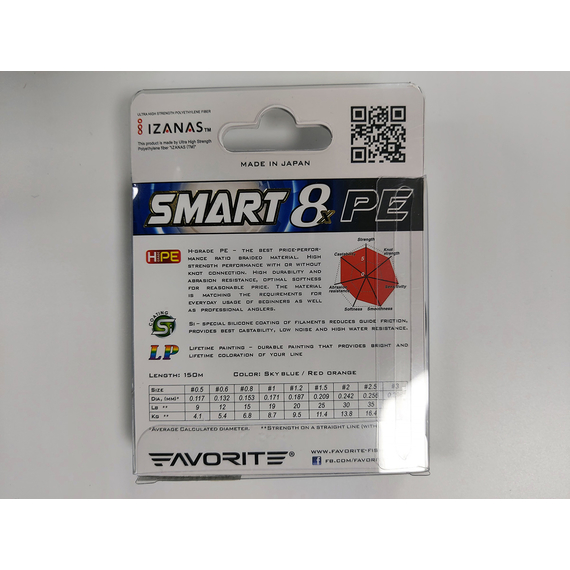 Шнур Favorite Smart PE 8x 150м (sky blue) #0.5/0.117mm 8lb/4.1kg, Діаметр: #0.5/0.117mm, Колір: голубий, фото , изображение 3
