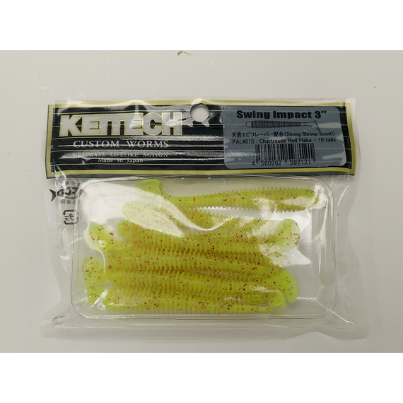 Силікон Keitech Swing Impact 3" (10 шт/упак), колір:pal#01 chartreuseredflake, Довжина силікону: 3" (7.6 см), Колір силікону: PAL#01 Chartreuse Red Flake, фото , изображение 5