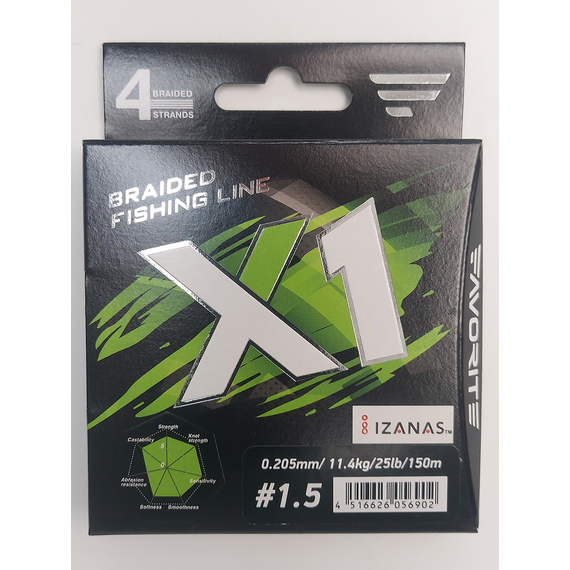 Шнур Favorite X1 4x 150m (l.green) #1.5/0.205mm 25lb/11.4kg, Диаметр: #1.5/0.205mm, Выберите цвет: салатовий, фото , изображение 2