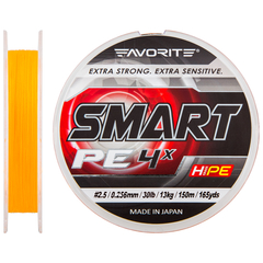 Шнур Favorite Smart PE 4x 150м (помаранч.) #2.5/0.256мм 13кг, Діаметр: #2.5/0.256mm, Колір: оранжевый, фото 