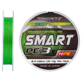 Шнур Favorite Smart PE 3x 150м (l.green) #0.15/0.066mm 2.5lb/1.2kg, Диаметр: #0.15/0.066mm, Выберите цвет: зеленый, фото 