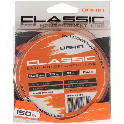 Жилка Brain Classic Carp Line 150m 0,28mm 7,9kg 18lb Solid orange, Діаметр: 0.28mm, Розмотування: 150m, Колір: Solid orange, фото , изображение 2