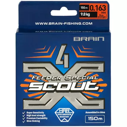 Шнур Brain Scout 4X 150m (fluoro Orange) 0.163mm 9.8kg, Діаметр: 0.163mm, Колір: fluoro Orange, фото , изображение 3