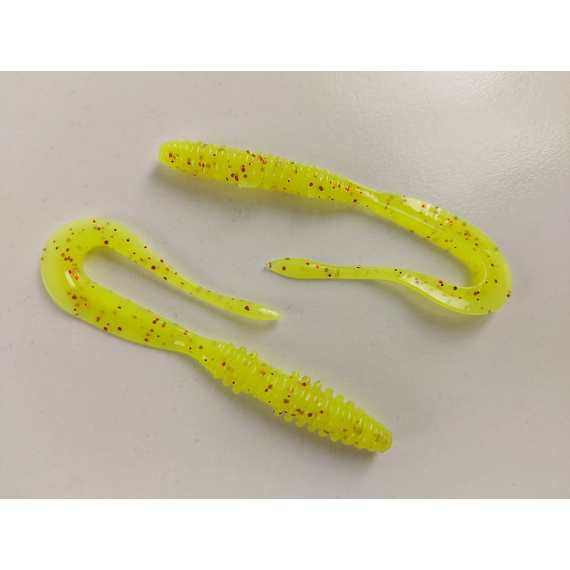 Силікон Keitech Mad Wag Mini 3.5" (10 шт/упак), колір:pal#01 chartreuseredflake, Довжина силікону: 3.5" (8.9 см), Колір силікону: PAL#01 Chartreuse Red Flake, фото , изображение 5