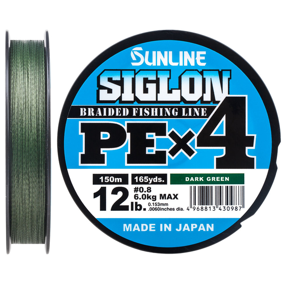 Шнур Sunline Siglon PE х4 150m (темн-зел.) #0.8/0.153mm 12lb/6.0kg, Діаметр: #0.8/0.153mm, Розмотка: 150m, Колір: темно-зеленый, фото 