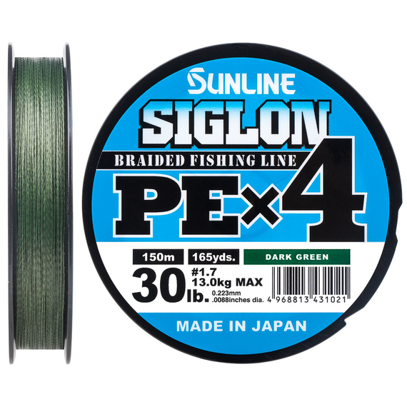 Шнур Sunline Siglon PE х4 150m (темн-зел.) #1.7/0.223mm 30lb/13.0kg, Діаметр: #1.7/0.223mm, Розмотування: 150m, Колір: темно-зеленый, фото 