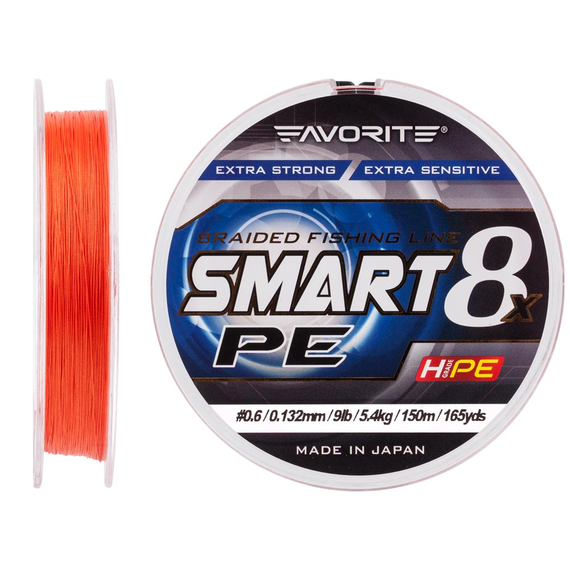Шнур Favorite Smart PE 8x 150м (red orange) #0.6/0.132mm 9lb/5.4kg, Диаметр: #0.6/0.132mm, Выберите цвет: красно-оранжевый, фото 
