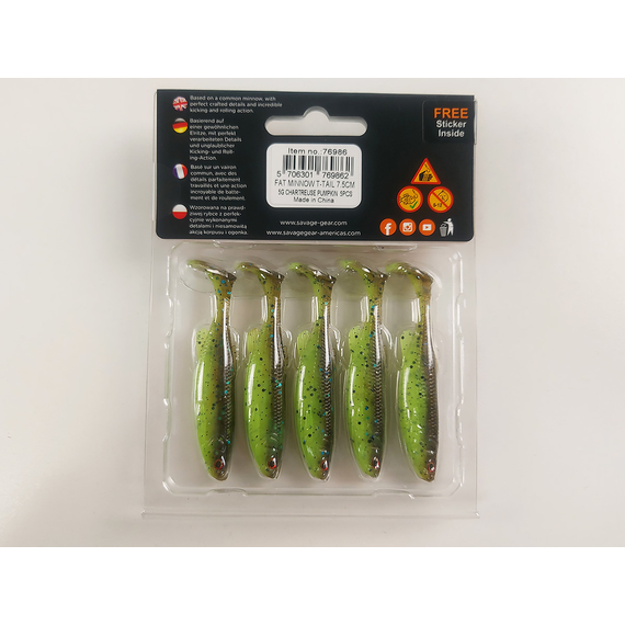 Силікон Savage Gear Fat Minnow T-Tail 75mm 5.0g Chartreuse Pumpkin (5 шт/уп), Довжина силікону: 75mm, Колір силікону: Chartreuse Pumpkin (5 шт/уп, фото , изображение 4