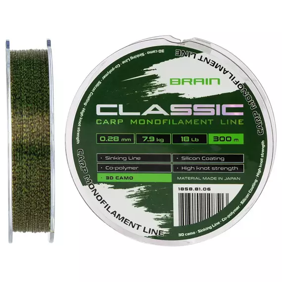 Жилка Brain Classic Carp Line 300m 0,28mm 7,9kg 18lb 3D camo, Діаметр: 0.28, Розмотування: 300, Колір: 3D camo, фото 