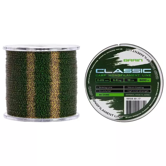 Жилка Brain Classic Carp Line 600m 0,25mm 6,6kg 15lb 3D camo, Діаметр: 0.25, Розмотування: 600, Колір: 3D camo, фото 
