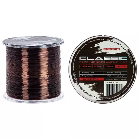 Жилка Brain Classic Carp Line 600m 0,25mm 6,6kg 15lb Dark brown, Діаметр: 0.25, Розмотка: 600, Колір: Dark brown, фото 