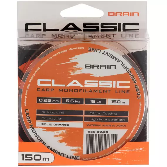 Жилка Brain Classic Carp Line 150m 0,25mm 6,6kg 15lb Solid orange, Діаметр: 0.25, Розмотування: 150, Колір: Solid orange, фото , изображение 2
