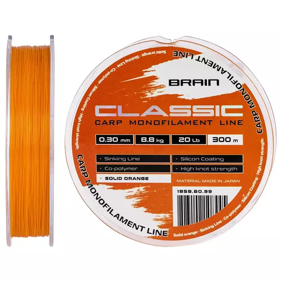 Леска Brain Classic Carp Line 300m 0,30mm 8,8kg 20lb Solid orange, Диаметр: 0.30, Размотка: 300, Выберите цвет: Solid orange, фото 