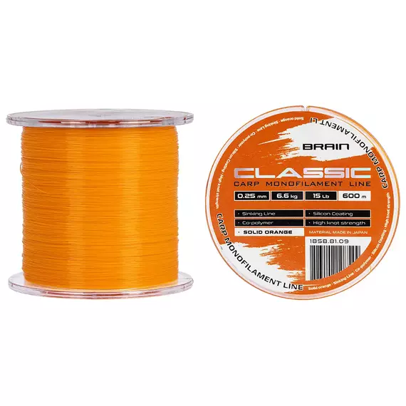 Жилка Brain Classic Carp Line 600m 0,25mm 6,6kg 15lb Solid orange, Діаметр: 0.25, Розмотування: 600, Колір: Solid orange, фото 