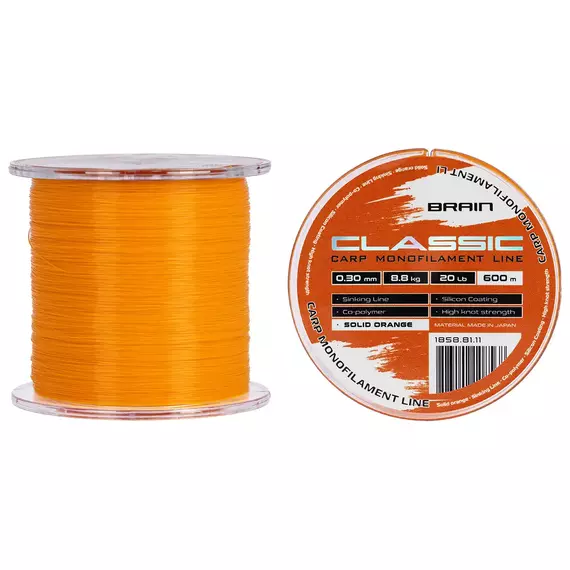 Леска Brain Classic Carp Line 600m 0,30mm 8,8kg 20lb Solid orange, Диаметр: 0.30, Размотка: 600, Выберите цвет: Solid orange, фото 