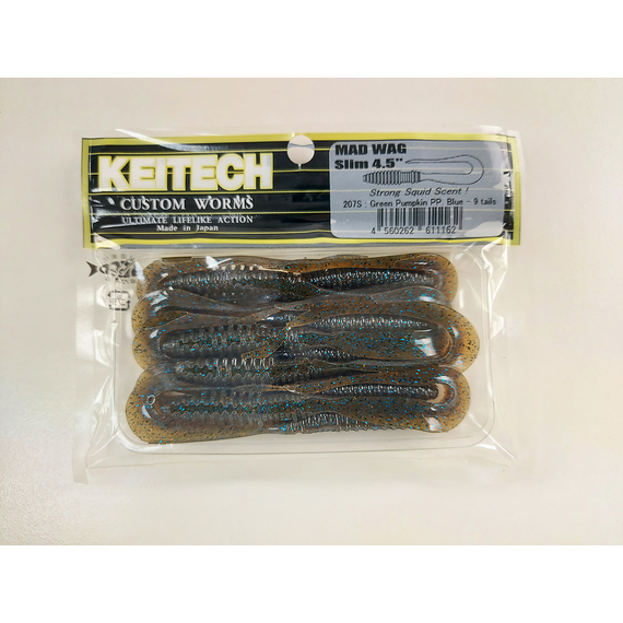 Силикон Keitech Mad Wag Slim 4.5" (9 шт/упак) ц:207 green pumpkin pp., Длина силикона: 4.5" (11.4 см), Расцветка силикона: 207 Green Pumpkin PP. Blue FLK, фото , изображение 10