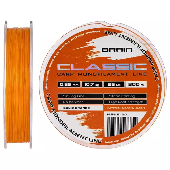 Жилка Brain Classic Carp Line 300m 0,35mm 10,7kg 25lb Solid orange, Діаметр: 0.35, Розмотка: 300, Колір: Solid orange, фото 