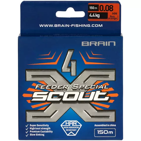Шнур Brain Scout 4X 150m (fluoro Orange) 0.080mm 4.4kg, Диаметр: 0.08mm, Выберите цвет: fluoro Orange, фото , изображение 3