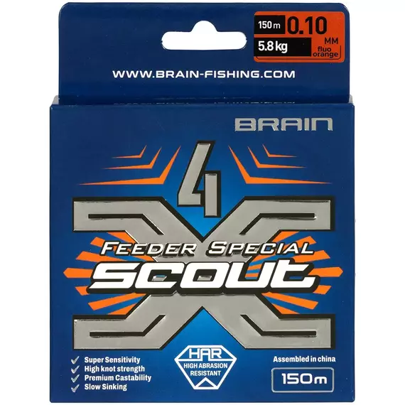 Шнур Brain Scout 4X 150m (fluoro Orange) 0.100mm 5.8kg, Диаметр: 0.10mm, Выберите цвет: fluoro Orange, фото , изображение 3