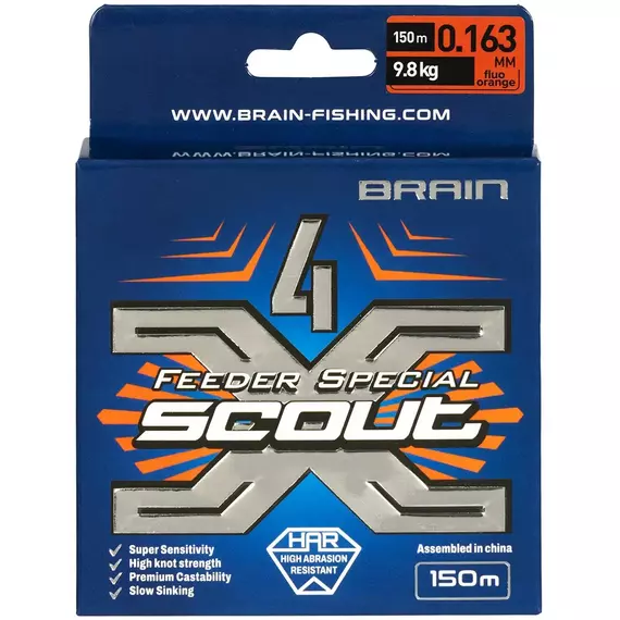 Шнур Brain Scout 4X 150m (fluoro Orange) 0.163mm 9.8kg, Діаметр: 0.163mm, Колір: fluoro Orange, фото , изображение 3