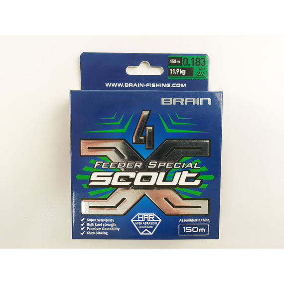 Шнур Brain Scout 4X 150m (deep green) 0.183мм 11.9kg, Діаметр: 0.183mm, Колір: deep green, фото , изображение 6