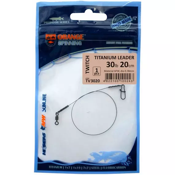 Поводок Ukrspin Orange Spinning титан AFW с вертлюгом 20см 13.6кг(30lb)/0.38мм, фото 
