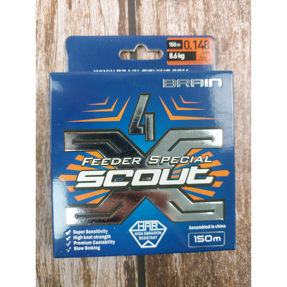 Шнур Brain Scout 4X 150m (fluoro Orange) 0.148mm 8.6kg, Діаметр: 0.148mm, Колір: fluoro Orange, фото , изображение 6