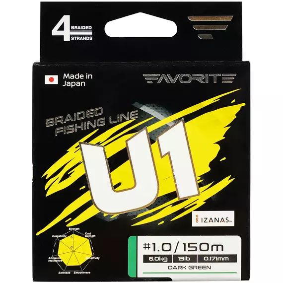 Шнур Favorite U1 PE 4x 150m (dark green) #2.0/0.242mm 26lb/12.0kg, Діаметр: #2.0/0.242mm, Розмотування: 150, Колір: темно-зелений, фото , изображение 2