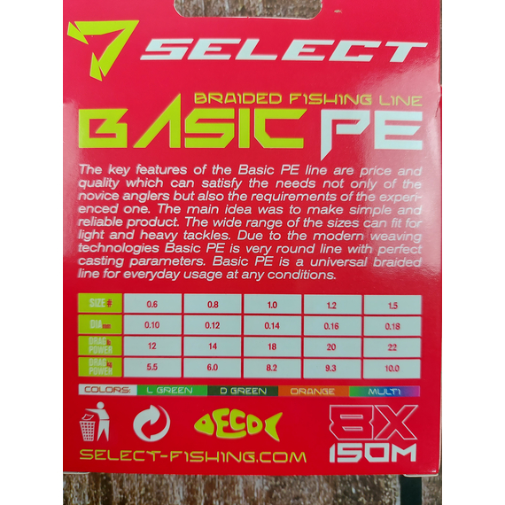 Шнур Select Basic PE 8x 150m (темн-зел.) #1.0/0.14mm 18lb/8.2kg, Діаметр: 0.14mm, Розмотування: 150m, Колір: темно-зеленый, фото , изображение 4
