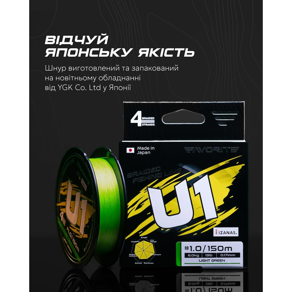 Шнур Favorite U1 PE 4x 150m (light green) #0.3/0.094mm 4lb/1.8kg, Діаметр: #0.3/0.094mm, Розмотування: 150, Колір: салатовий, фото , изображение 4