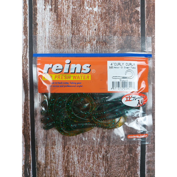 Силикон Reins Curly Curly 4" 565 Motor Oil Green Flake (15 шт/уп.), Длина силикона: 4.0" (10,16 см), Расцветка силикона: 565 Motor Oil Green Flake, фото , изображение 2