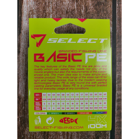 Шнур риболовний Select Basic PE 100m, 0.20mm, 28Lb/12.7kg, колір: темно-зелений, Діаметр: 0.20mm, Розмотування: 100m, Колір: темно-зелений, фото , изображение 5