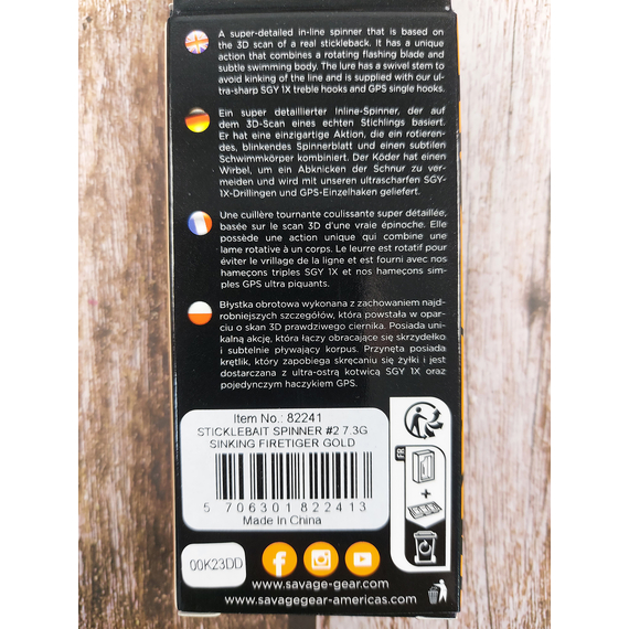 Блешня Savage Gear Sticklebait Spinner #2 7.3g Firetiger Gold, Вага блешні: 7.3g, Колір блешні: Firetiger Gold, фото , изображение 3