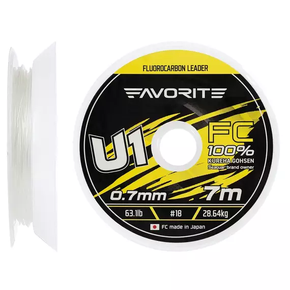 Флюорокарбон Favorite U1 FC 7m #18/0.70mm 63.1lb/28.64kg (Made in Japan), Діаметр: 0.70mm, Розмотування: 7m, фото 