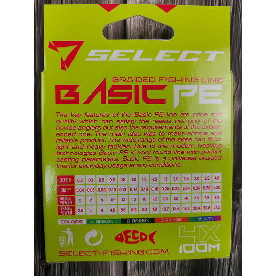 Шнур Select Basic PE 100m (темн-зел.) 0.26mm 45lb/20.8kg, Диаметр: 0.26mm, Размотка: 100m, Выберите цвет: темно-зелений, фото , изображение 5