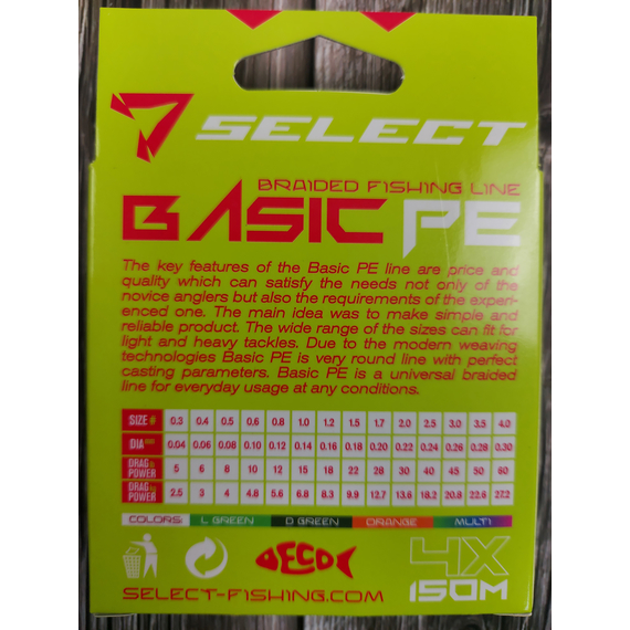 Шнур Select Basic PE 150m (темн-зел.) 0.18mm 22lb/9.9kg, Диаметр: 0.18mm, Размотка: 150m, Выберите цвет: темно-зелений, фото , изображение 6