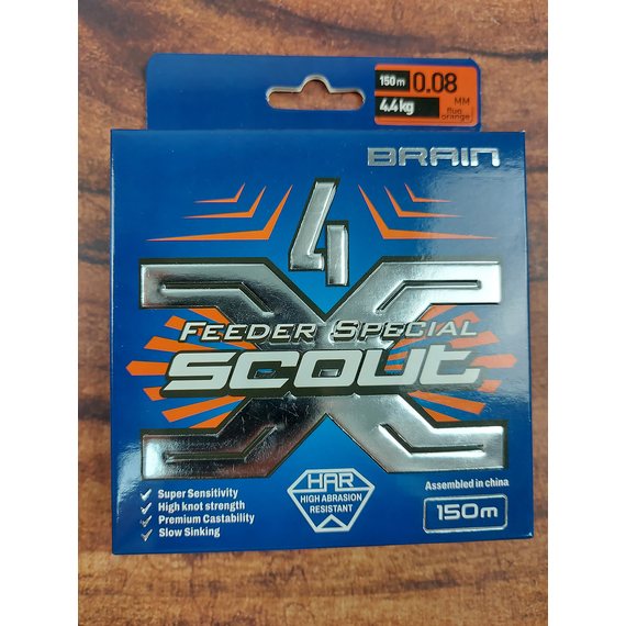 Шнур Brain Scout 4X 150m (fluoro Orange) 0.080mm 4.4kg, Диаметр: 0.08mm, Выберите цвет: fluoro Orange, фото , изображение 6