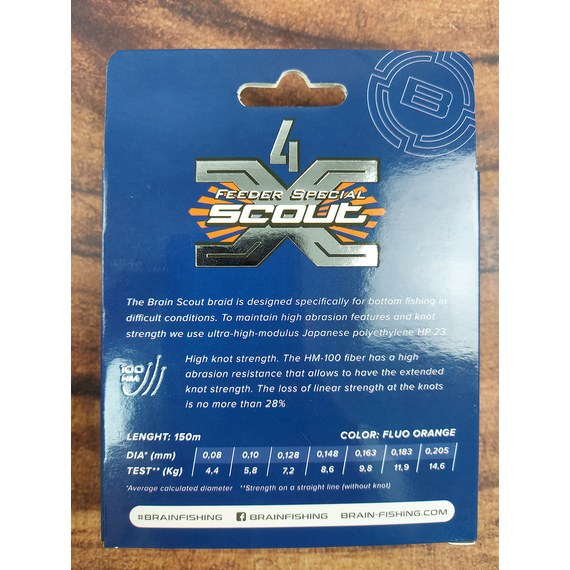 Шнур Brain Scout 4X 150m (fluoro Orange) 0.080mm 4.4kg, Диаметр: 0.08mm, Выберите цвет: fluoro Orange, фото , изображение 7