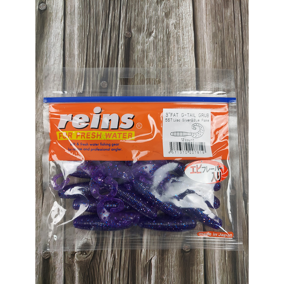Силікон Reins Fat G-Tail Grub 3" 567 Lilac Silver & Blue Flake (12 шт/уп.), Довжина силікону: 3.0" (7,62 см), Колір силікону: 567 Lilac Silver&Blue Flake, фото , изображение 2