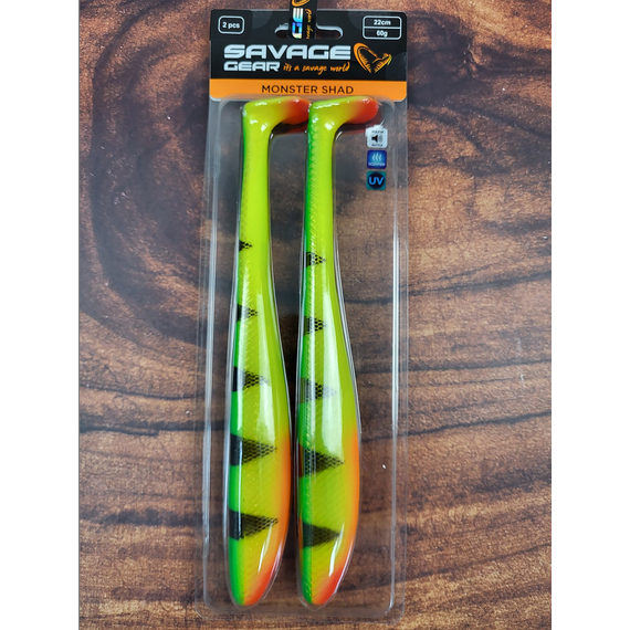Силікон Savage Gear Monster Shad 220mm 60.0g Firetiger (2 шт / уп), Довжина силікону: 220mm, Колір силікону: Firetiger, фото , изображение 2