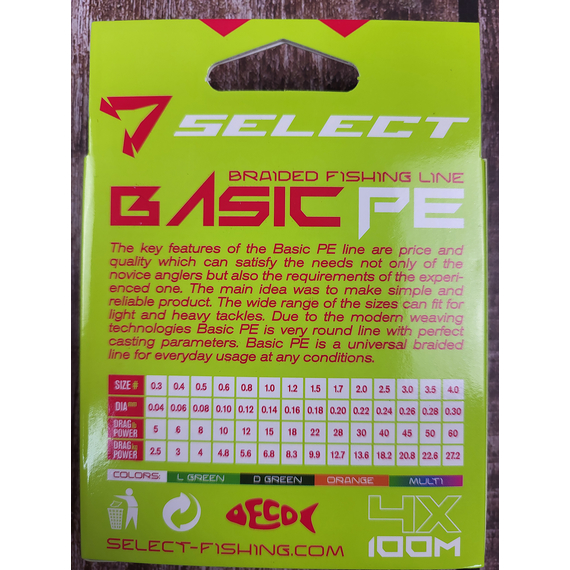 Шнур риболовний Select Basic PE 100m, 0.14mm, 15Lb/6.8kg, колір: салатовий, Діаметр: 0.14mm, Розмотування: 100m, Колір: салатовий, фото , изображение 9