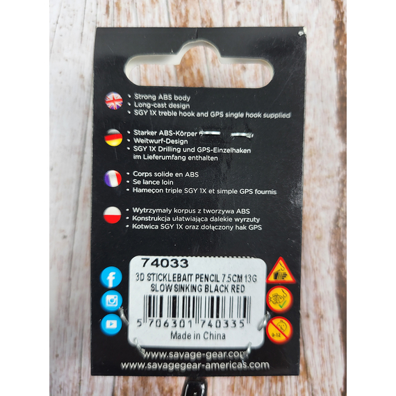 Воблер Savage Gear 3D Sticklebait Pencil 75SS 75mm 13.0g Black Red, Розмір/Вага: 75мм/13г, Колір воблера: Black Red, фото , изображение 3